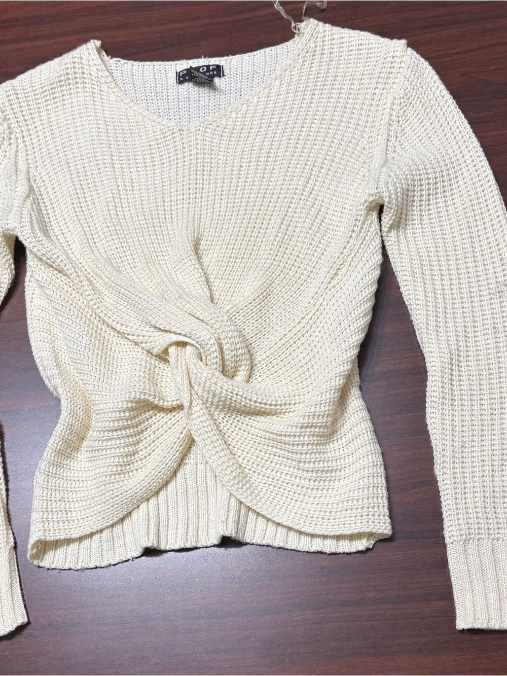 Twist-Front Cream Crewneck Sweater